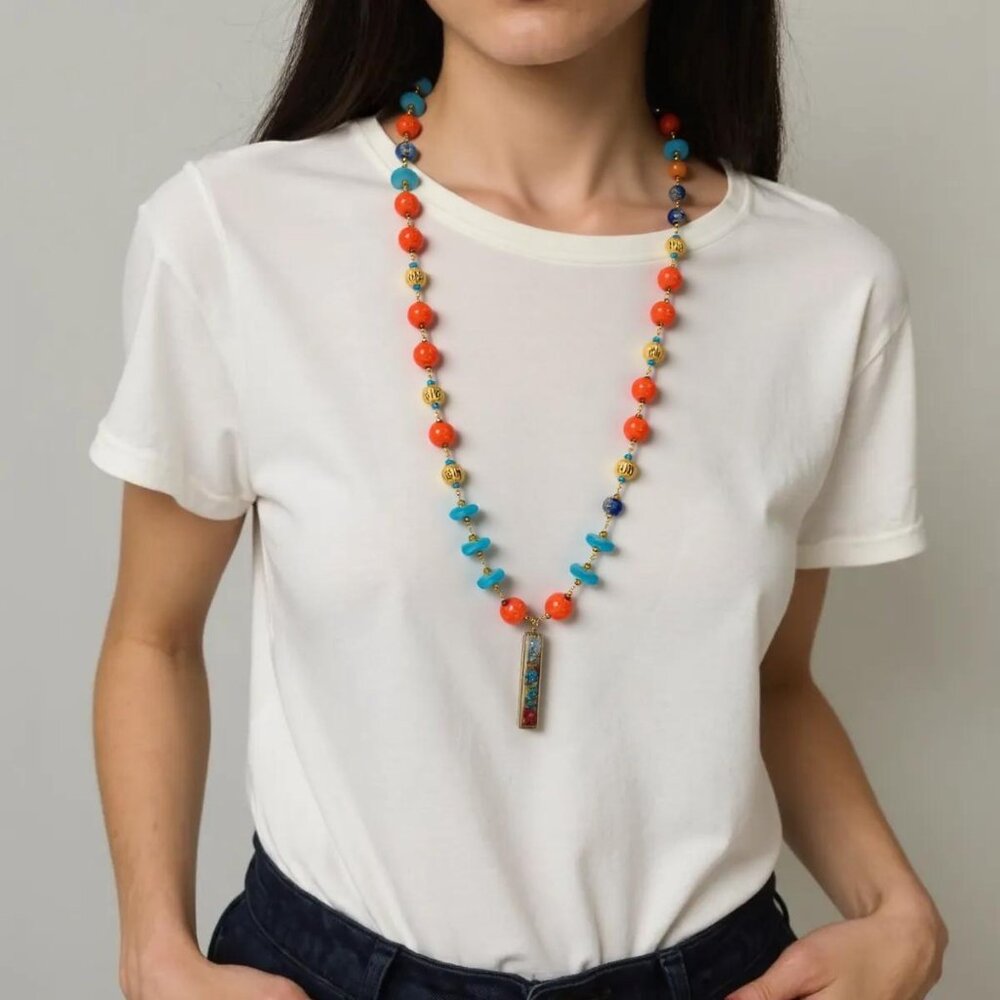 Sunset sky of vibrant Orange/Turquoise Sea glass boho link necklace. Medium leng